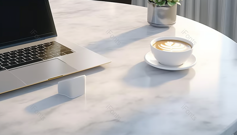 商务桌面大理石背景咖啡电脑盆栽拍摄,高清,摄影图,摄影图片,图片大全,摄影图免费下载